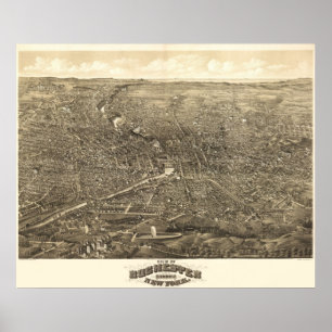 Poster 1880 Rochester, NY Birds Olham Ver Mapa Panorâmico