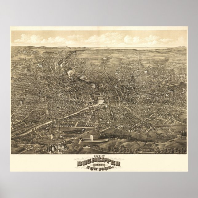 Poster 1880 Rochester, NY Birds Olham Ver Mapa Panorâmico (Frente)