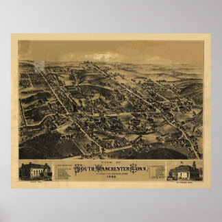 Poster 1880 South Manchester CT Birds Eye Panorâmica Map
