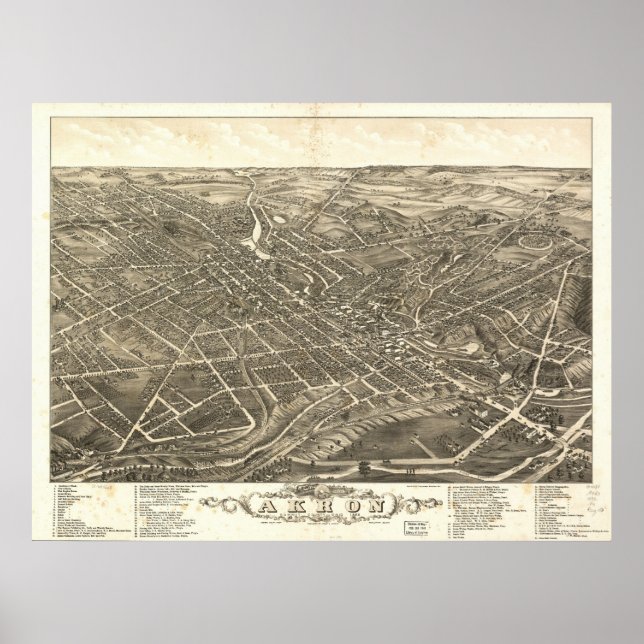 Pôster 1882 Akron, OH Birds Eye Ver Mapa Panorâmico (Frente)