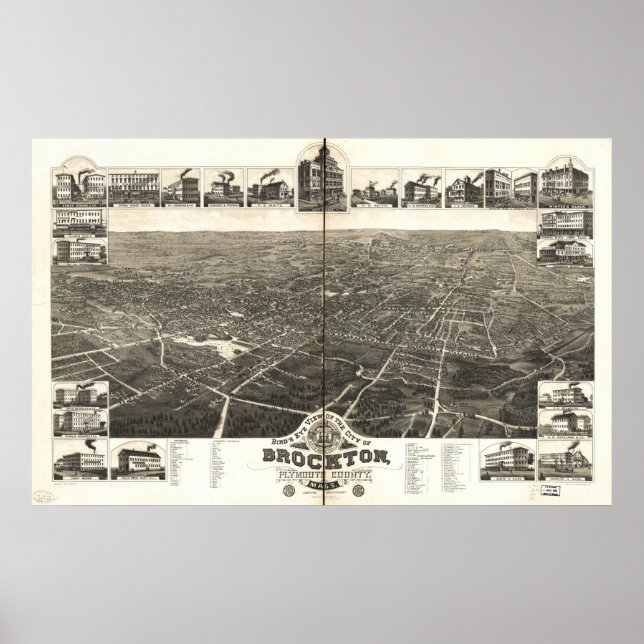Pôster 1882 Brockton, MÃES Birds Olhos Ver Mapa Panorâmic (Frente)