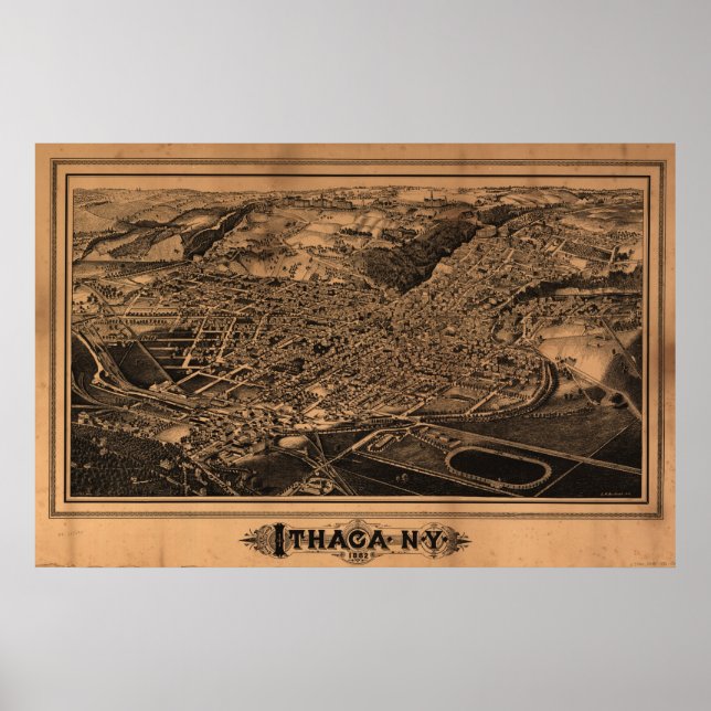 Pôster 1882 Ítaca, NY Pássaros Olham Ver Mapa Panorâmico (Frente)