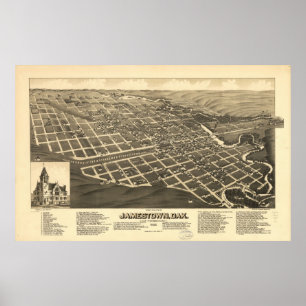 Pôster 1883 Jamestown, mapa panorâmico da opinião de ol