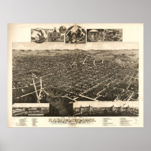 Pôster 1883 Kalamazoo, mapa panorâmico da opinião de ol