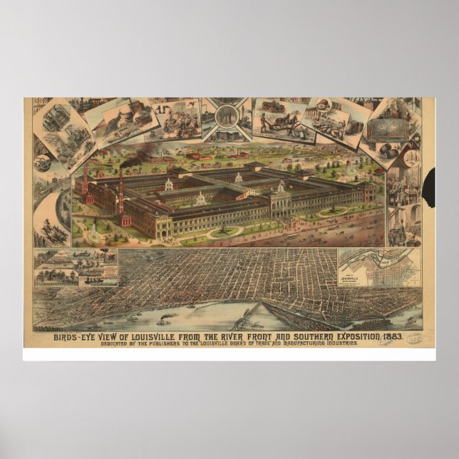 Poster 1883 Louisville, KY Birds Eye Ver Mapa Panorâmico (Frente)