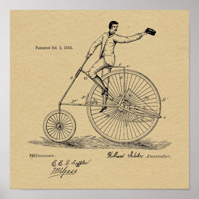Pôster 1883 Vintage High Wheeler Bicycle Patent Art Impre (Frente)
