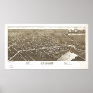 Pôster 1884 Delavan, mapa panorâmico do olho dos pássar