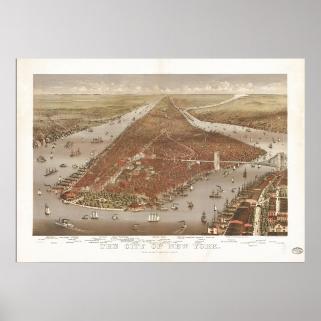 Poster 1884 Nova Iorque NY Birds Olhos Ver Mapa Panorâmic (Frente)