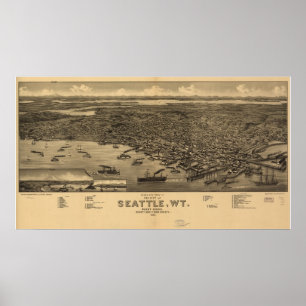 Pôster 1884 Seattle, WA Birds Eye Ver Mapa Panorâmico
