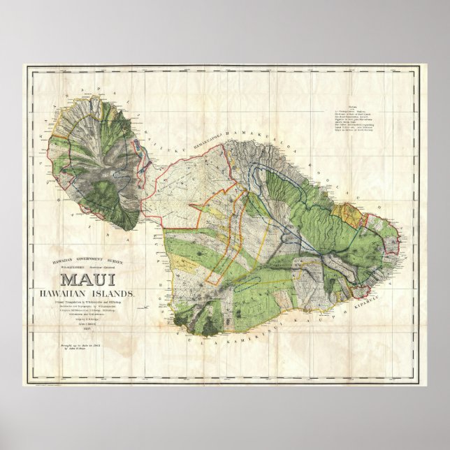 Pôster 1885 De Witt Alexander Wall Map of Maui, Havaí (Frente)
