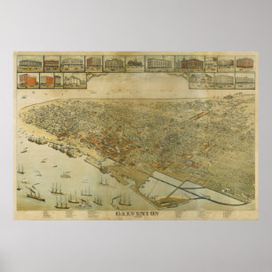 Pôster 1885 Galveston, mapa panorâmico da opinião de ol