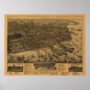 Pôster 1885 Pensacola, mapa panorâmico da opinião de ol
