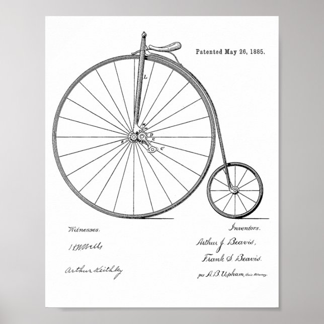 Poster 1885 Vintage High Wheeler Bicycle Patent Art Impre (Frente)