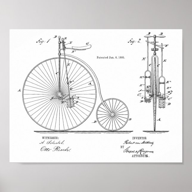 Poster 1885 Vintage High Wheeler Bicycle Patent Art Impre (Frente)