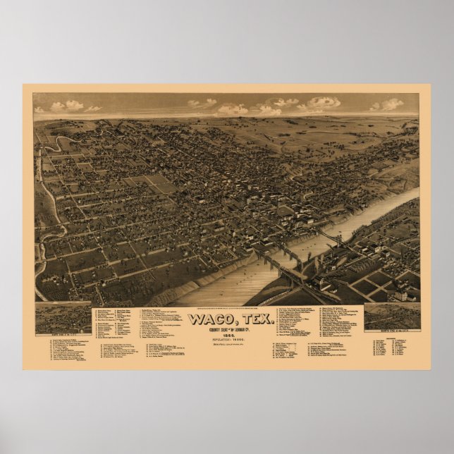 Pôster 1886 Panorâmica - Mapa de Aves - Visão de Waco, TX (Frente)