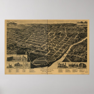 Pôster 1887 Macon, mapa panorâmico da opinião de olho d