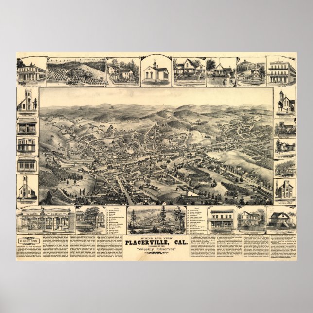 Pôster 1888 Placerville CA Birds Ver Mapa Panorâmico (Frente)