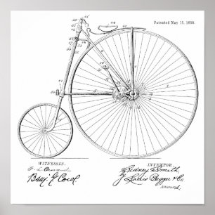 Pôster 1888 Vintage High Wheeler Bicycle Patent Art Print