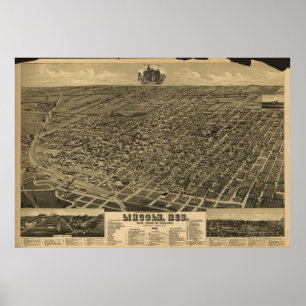 Pôster 1889 Lincoln, mapa panorâmico da opinião de olho