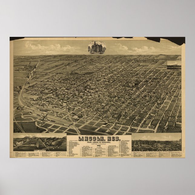Pôster 1889 Lincoln, NE Birds Olhos Ver Mapa Panorâmico (Frente)