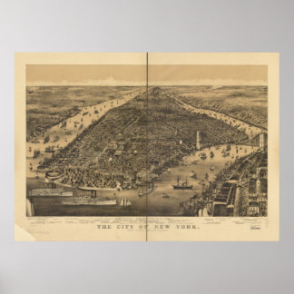 Pôster 1889 New York City NY Birds Eye View Panoramic Map