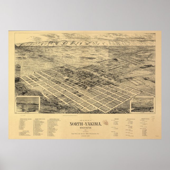 Pôster 1889 North Yakima, WA Birds Eye Ver Mapa Panorâmic (Frente)