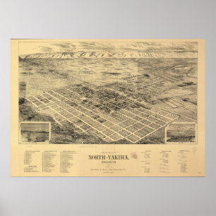 Pôster 1889 Yakima nortes, mapa panorâmico da opinião d