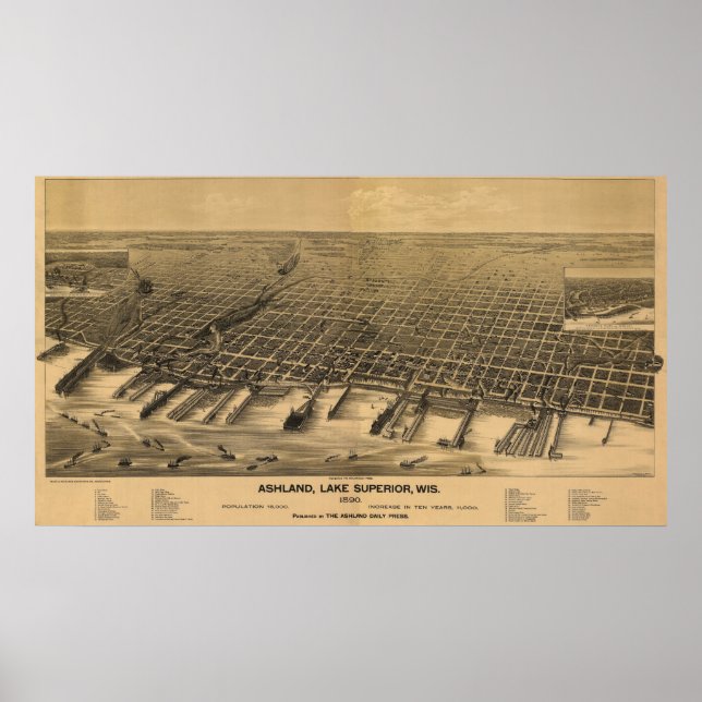Pôster 1890 Ashland, WI Birds Eye Ver Mapa Panorâmico (Frente)