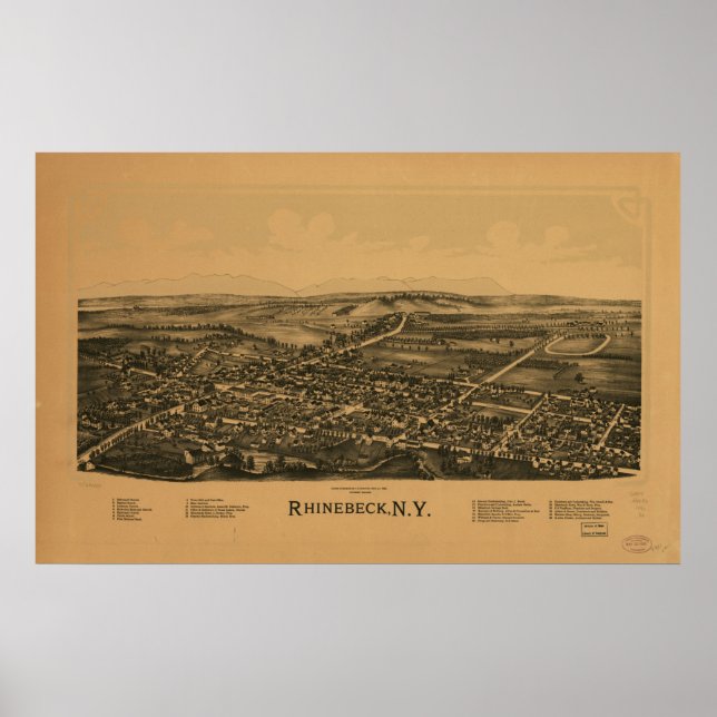 Poster 1890 Rhinebeck, NY Birds Olham Ver Mapa Panorâmico (Frente)