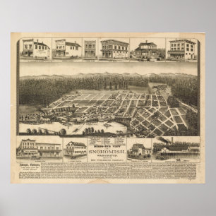Pôster 1890 Snohomish, mapa panorâmico da opinião de ol