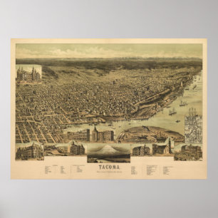 Pôster 1890 Tacoma, mapa panorâmico da opinião de olho