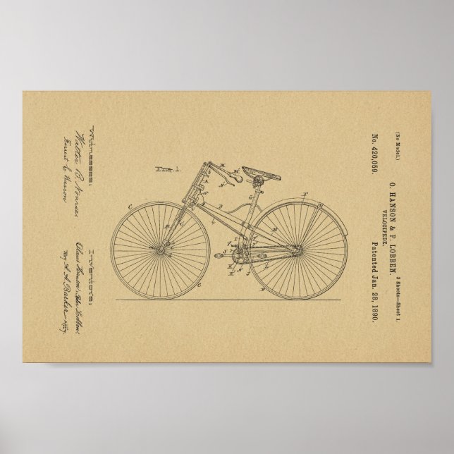 Pôster 1890 Vintage Bicycle Velocipede Patent Art Impress (Frente)