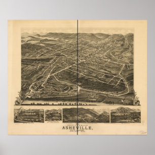 Pôster 1891 Asheville, mapa panorâmico da opinião de ol