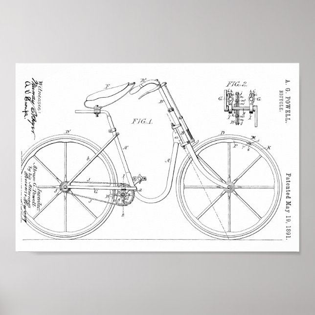 Poster 1891 Bicycle Patent Art Drawing Print (Frente)
