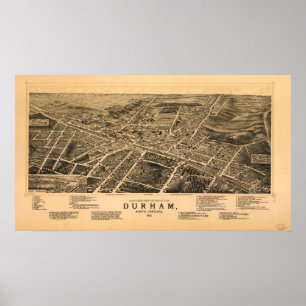 Poster 1891 Durham, NC Birds Eye Ver Mapa Panorâmico