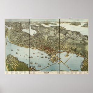 Poster 1891 Seattle, mapa panorâmico da opinião de olho