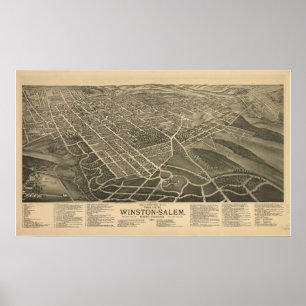 Pôster 1891 Winston Salem NC Birds Eye View Panoramic Map