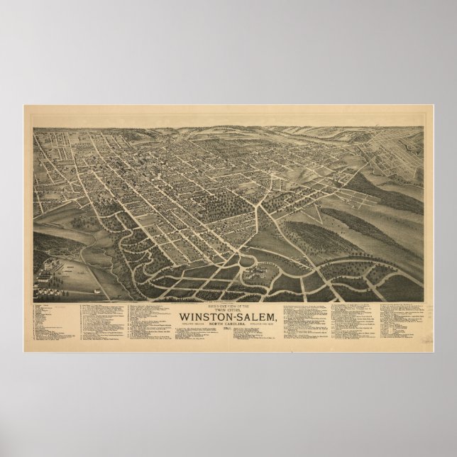 Pôster 1891 Winston Salem NC Birds Eye View Panoramic Map (Frente)