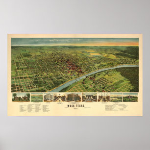 Poster 1892 Waco, mapa panorâmico da opinião de olho de