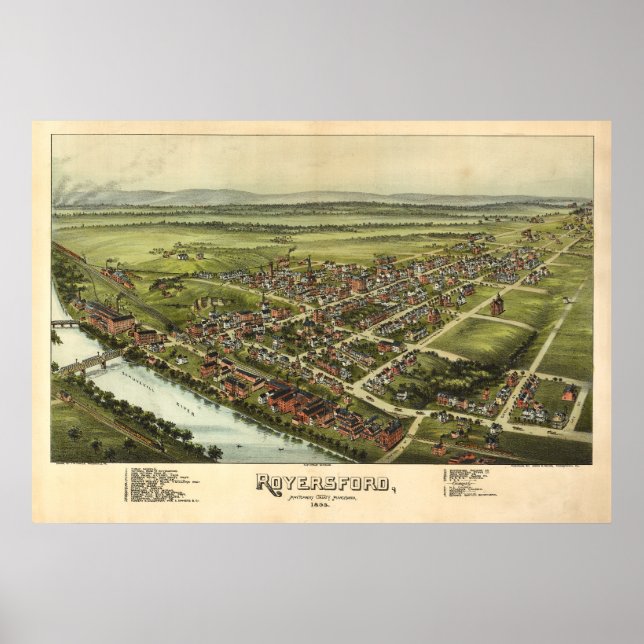 Poster 1893 Aerial Map Royersford PA Pensilvânia (Frente)