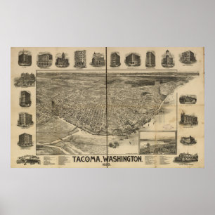 Pôster 1893 Tacoma, mapa panorâmico da opinião de olho 