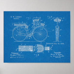 Pôster 1894 Military Bicycle Patent Art Drawing Print