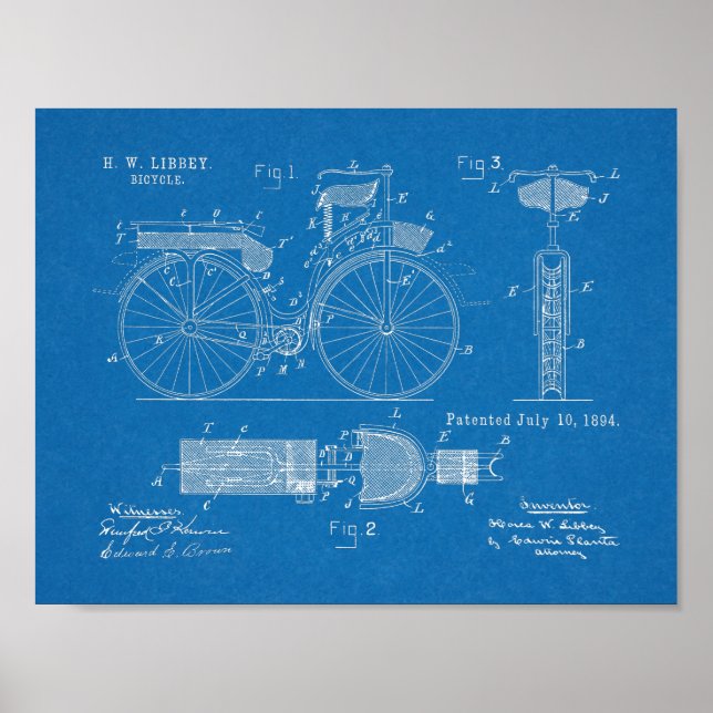 Pôster 1894 Military Bicycle Patent Art Drawing Print (Frente)