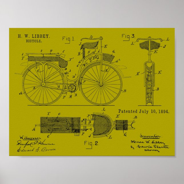Poster 1894 Military Bicycle Patent Art Drawing Print (Frente)