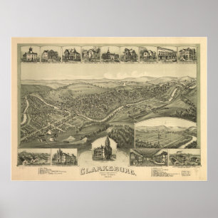 Pôster 1898 Clarksburg, mapa panorâmico do olho do