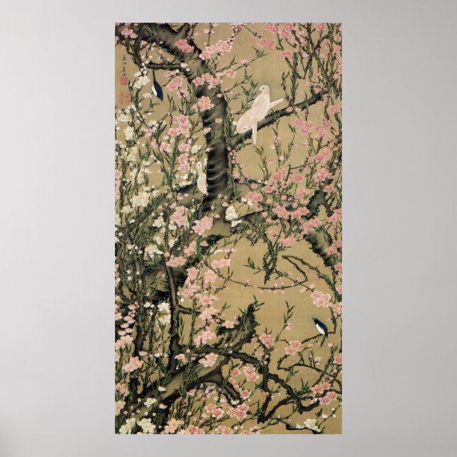 Poster 18.桃 花 禽 図, 若 冲 Peach Blossoms & Small Birds, Jaku (Frente)