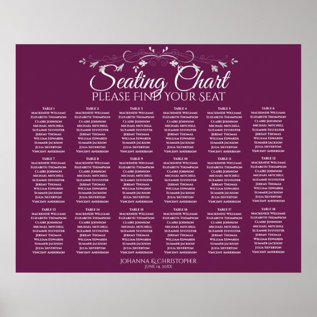 Poster 18 Table Elegant Cassis Wedding Seating Chart (Frente)