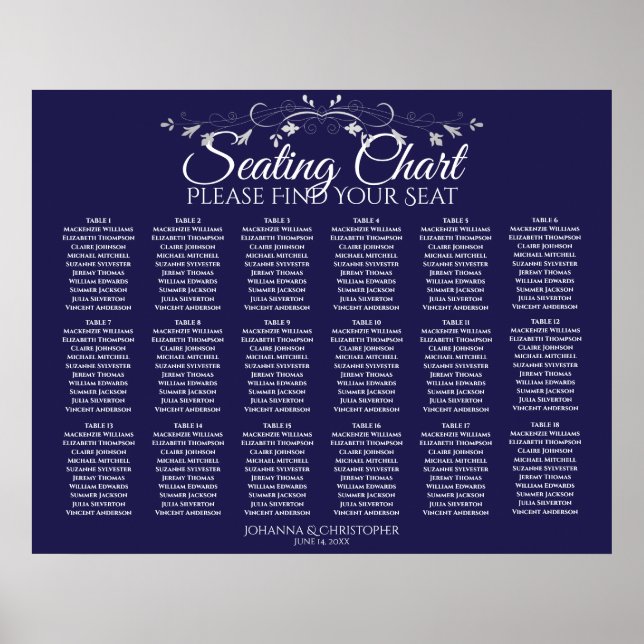 Poster 18 Table Elegant Navy Blue Wedding Seating Chart (Frente)