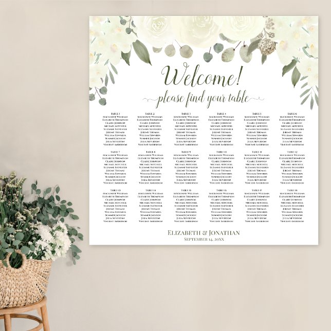 Poster 18 Table Ivory White Roses Wedding Seating Chart (In Situ on Wall)