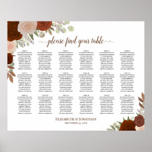 Poster 18 Table Rustic Autumn Roses Wedding Seating Chart